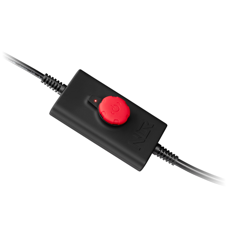 Black Next Level Racing haptic feedback controller with red button and cables.