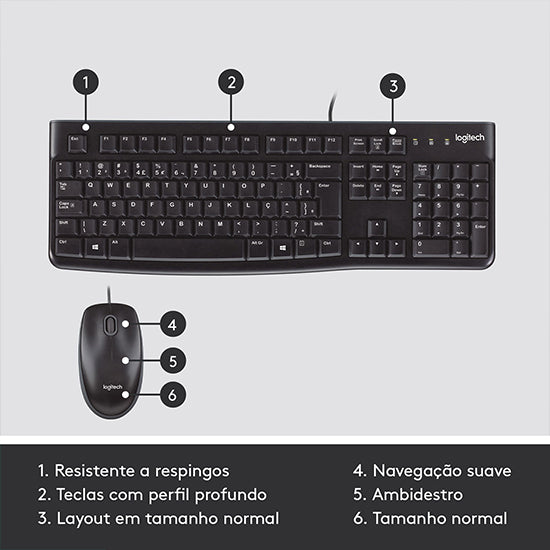 Black Logitech keyboard and mouse set, standard size, on light gray background. Keyboard has white text and keys, mouse has white text.