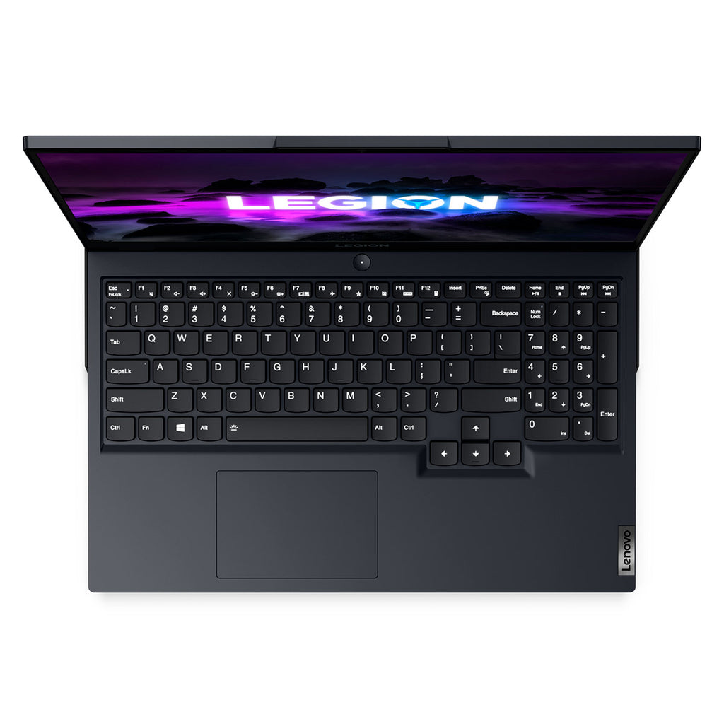 Portátil Lenovo Legion 5 preto 15.6 polegadas com teclado e ecrã ligado.