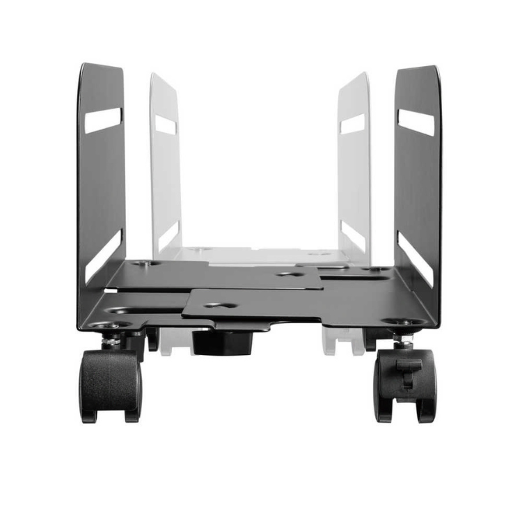Black metal CPU stand with wheels, open frame design.