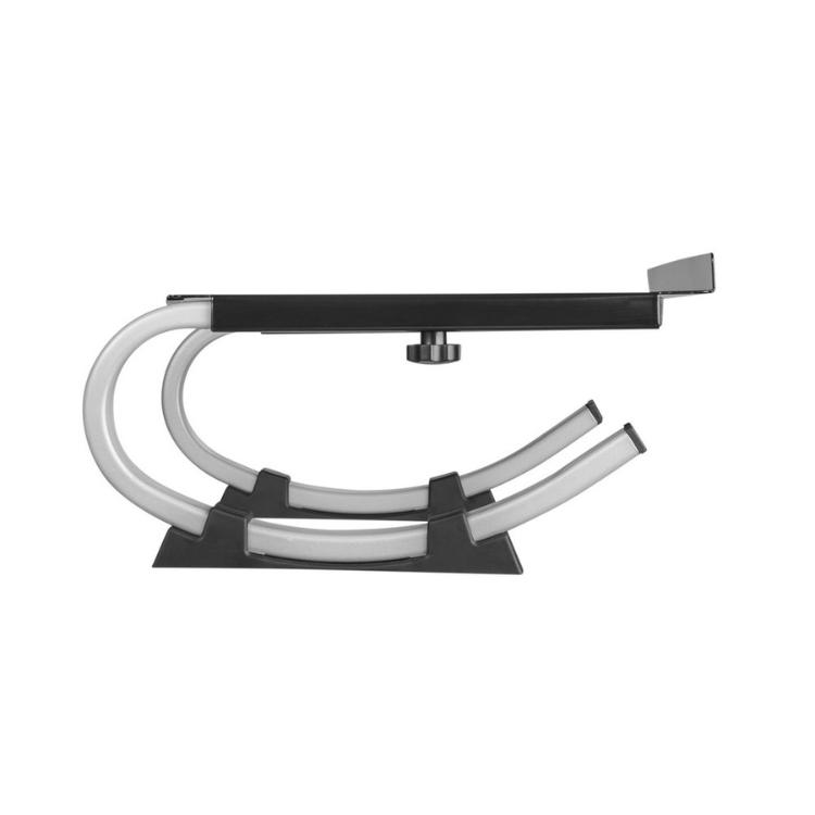 Ergonomic laptop stand, black and silver, adjustable, for laptops up to 17 inches.