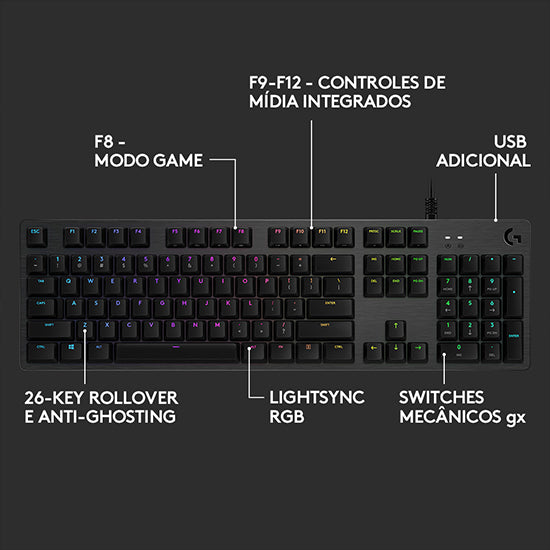 Teclado Mecânico Logitech G512 Carbon RGB GX Brown Switches