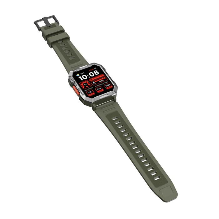 Smartwatch Blackview W60, pulseira verde cáqui, ecrã preto com mostradores em laranja e branco, 10:08.