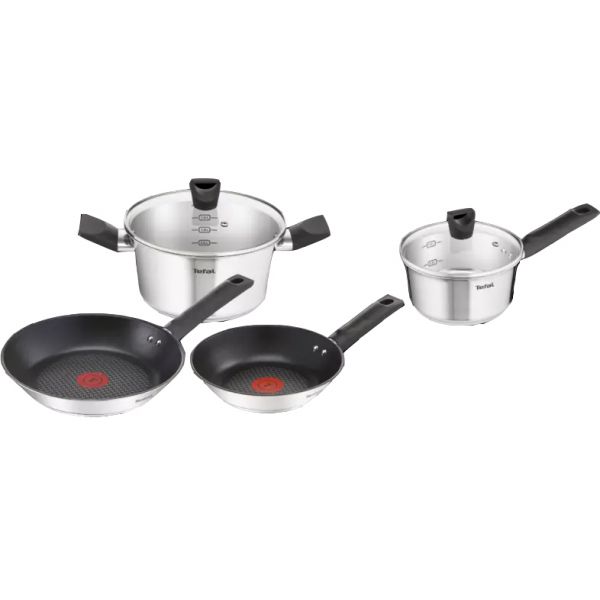 Tefal stainless steel cookware set, 3 pieces with glass lids, black handles and red logos on non-stick pans.