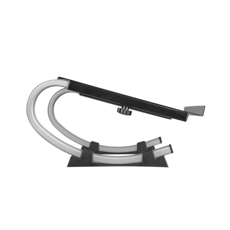Black ergonomic laptop stand with adjustable arm and white accents.