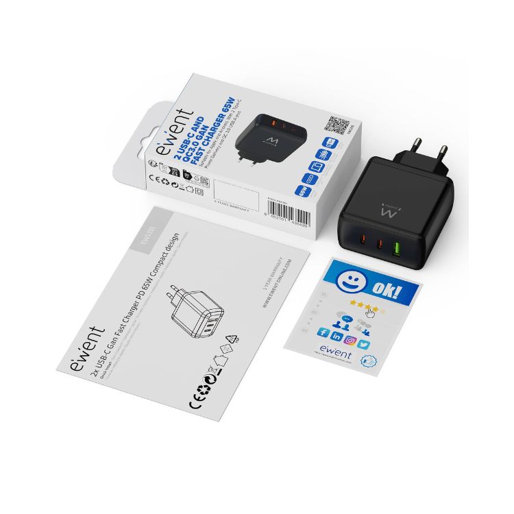 Carregador Ewent EW1331 GaN 2xUSB-C PD USB-A QC 65W Preto