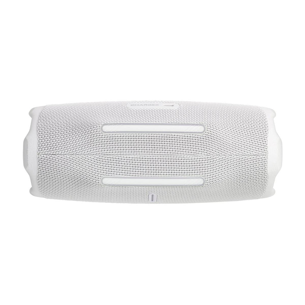 JBL Charge 6 white portable Bluetooth speaker with mesh grille and buttons.