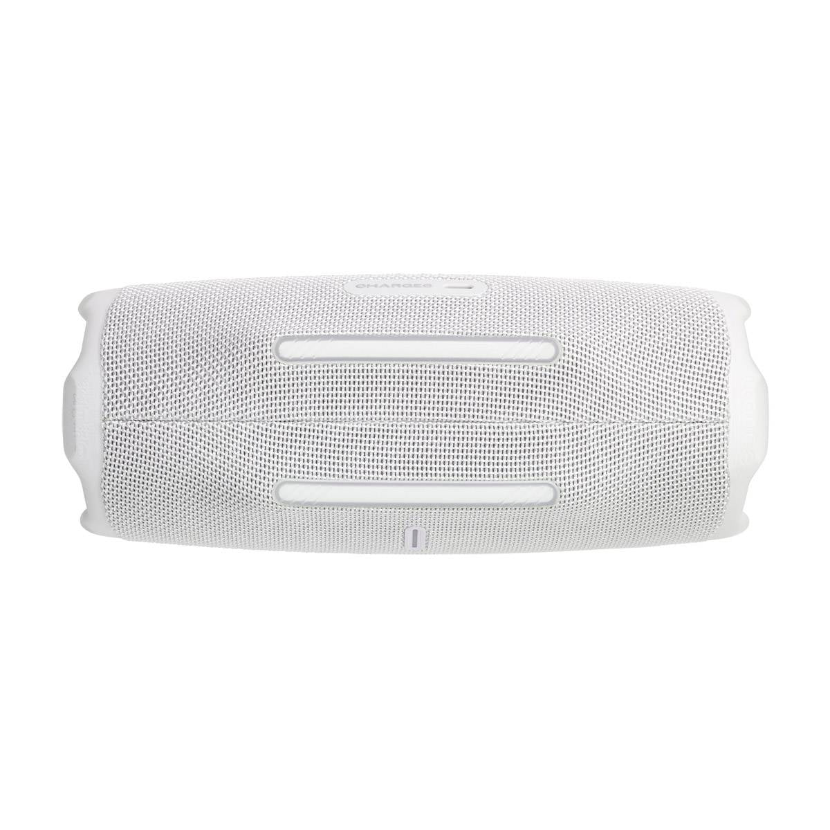 JBL Charge 6 white portable Bluetooth speaker with mesh grille and buttons.