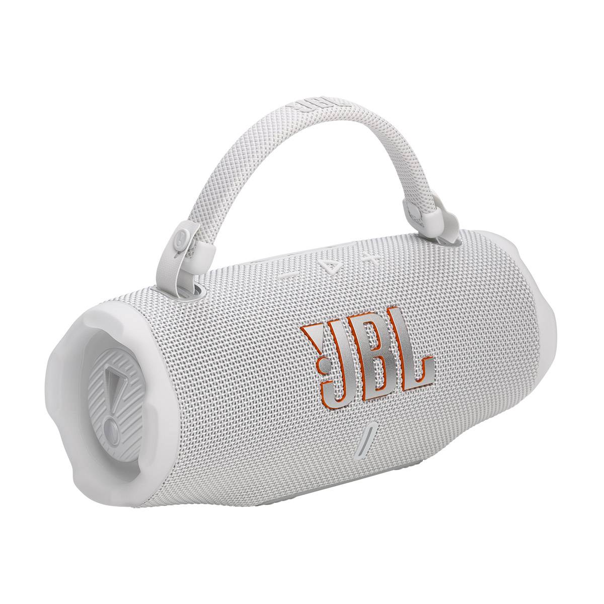 White JBL Charge 6 portable Bluetooth speaker with handle.