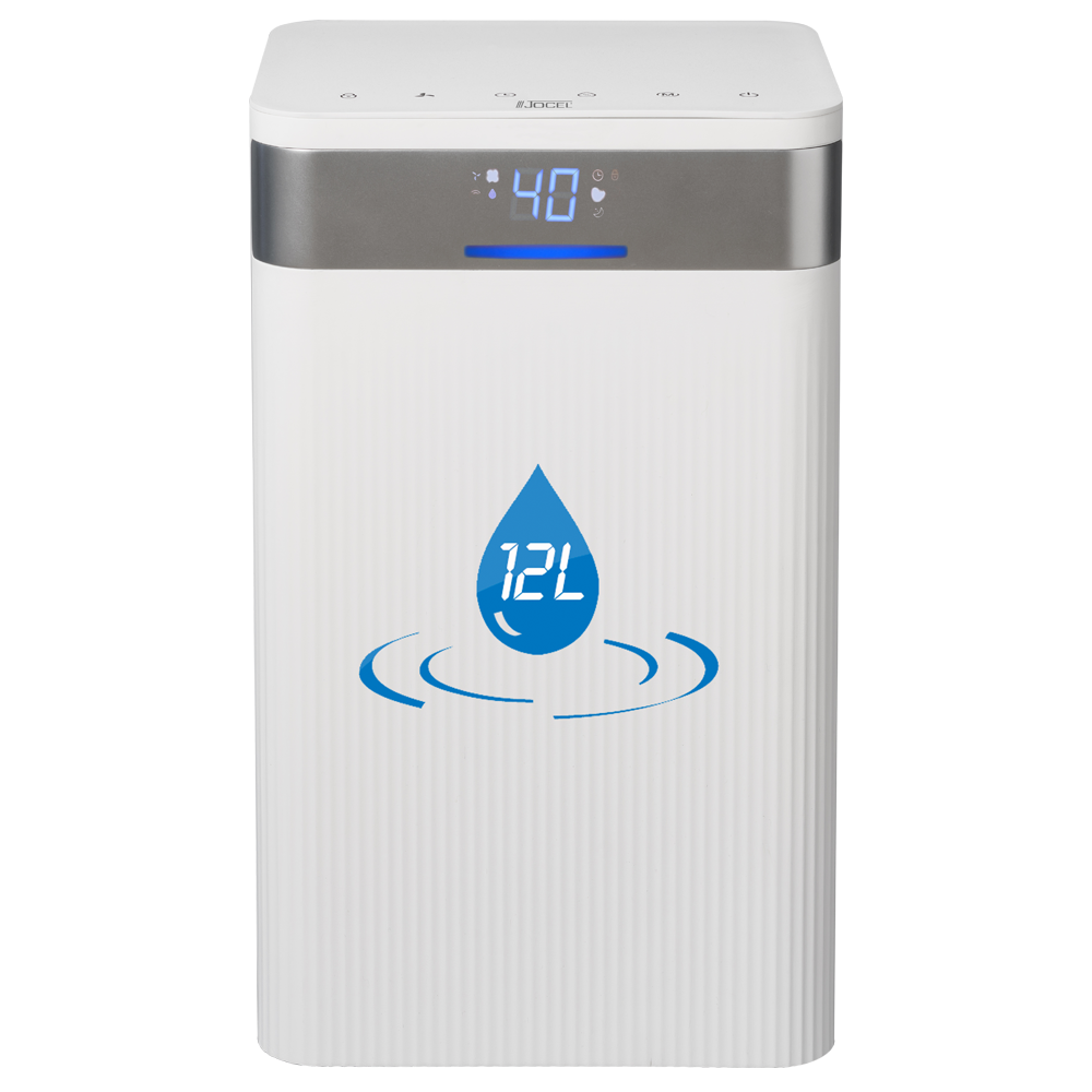 Desumidificador Jocel 12 L/Dia Wi‑Fi, vista frontal com luz indicadora acesa.