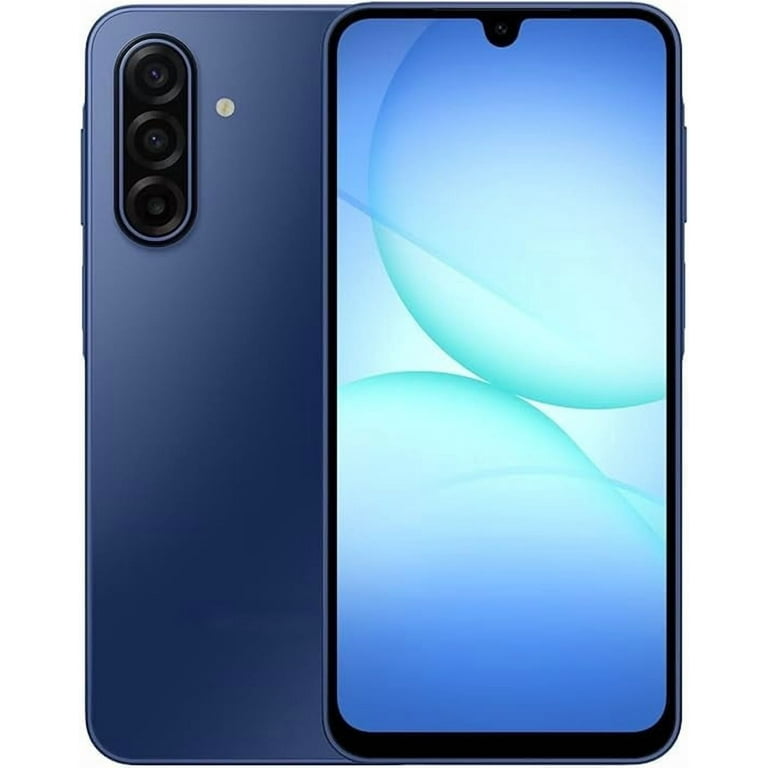 Blue Samsung Galaxy A17 5G smartphone on a white background, front view with screen displayed.