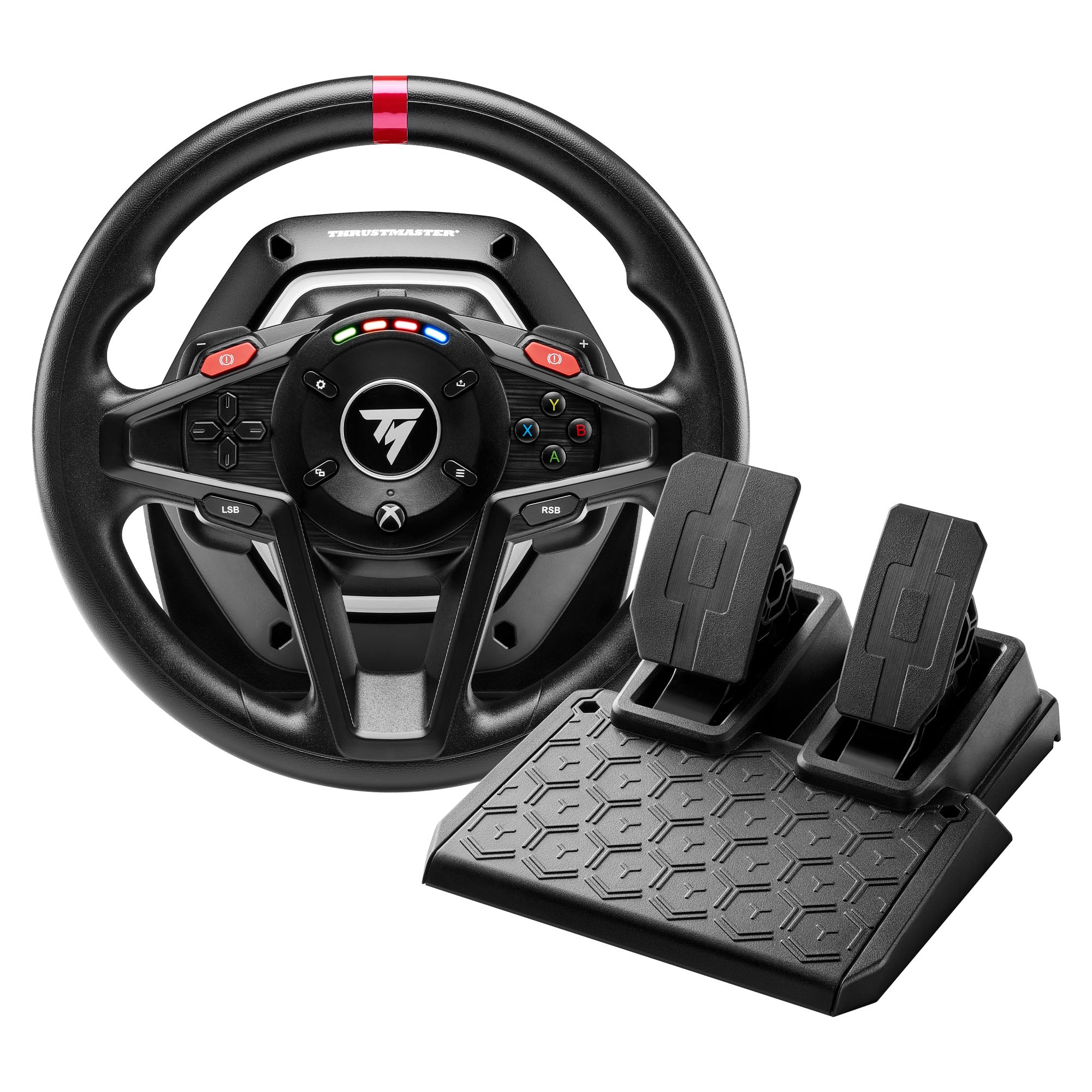 Thrustmaster T128 steering wheel and pedals, black with red accents.