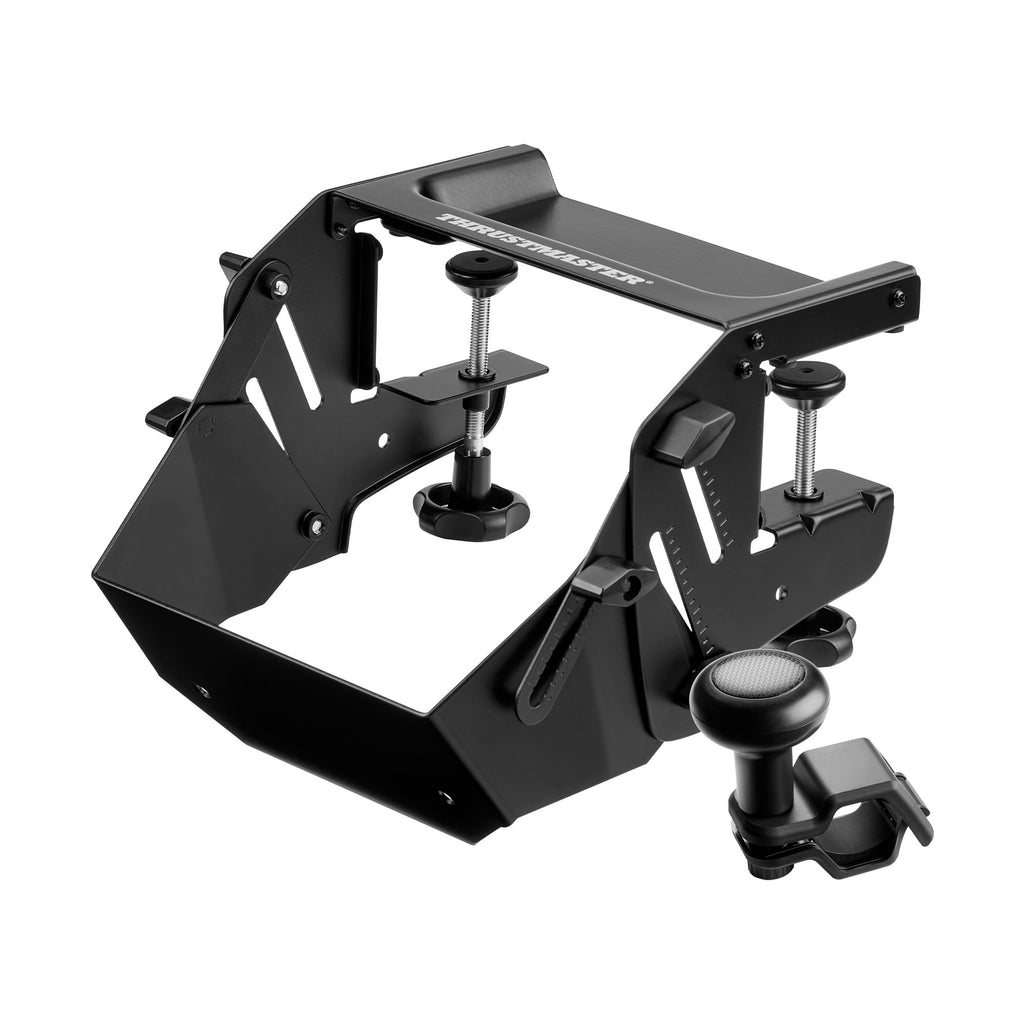 Thrustmaster T128 SimTask Pack, black gaming steering wheel mount with adjustable clamps and base.