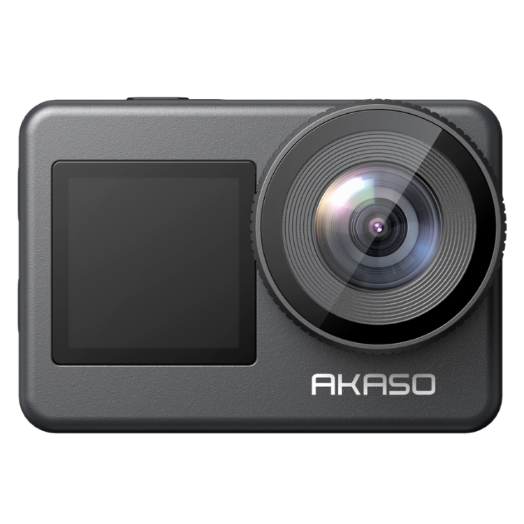 Black AKASO Brave 7 action camera with lens and screen.