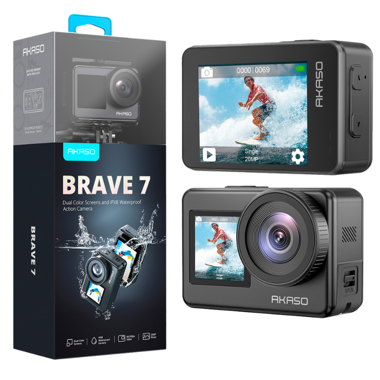 Akaso Brave 7 black action camera with dual screens and waterproof design.