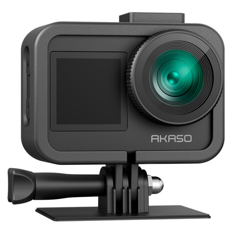 Black AKASO Brave 7 action camera with green lens and screen on mount.