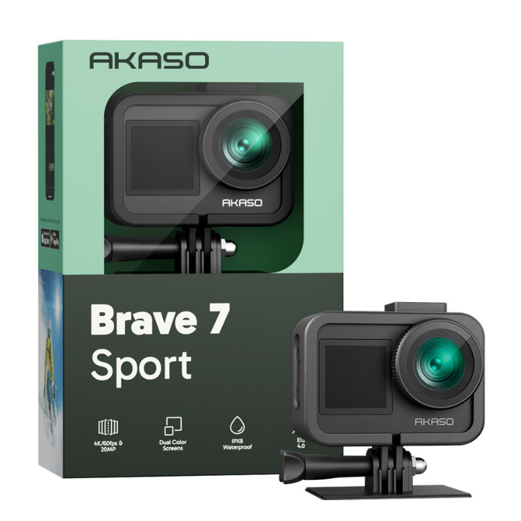 Black AKASO Brave 7 Sport action camera with green lens and box.