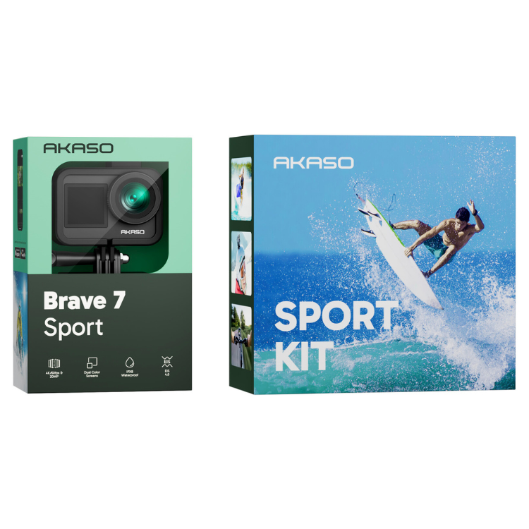 Akaso Brave 7 Sport Kit box set, black action camera, surf kit.