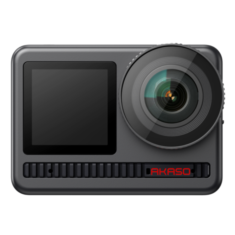 Black Akaso action camera with red logo and large lens