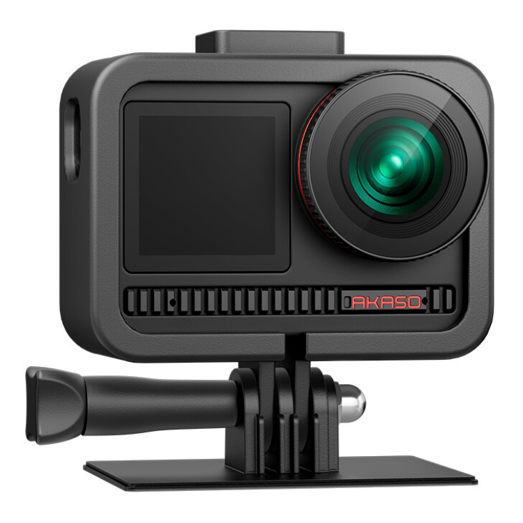 Black AKASO action camera with green lens and red logo on mount.