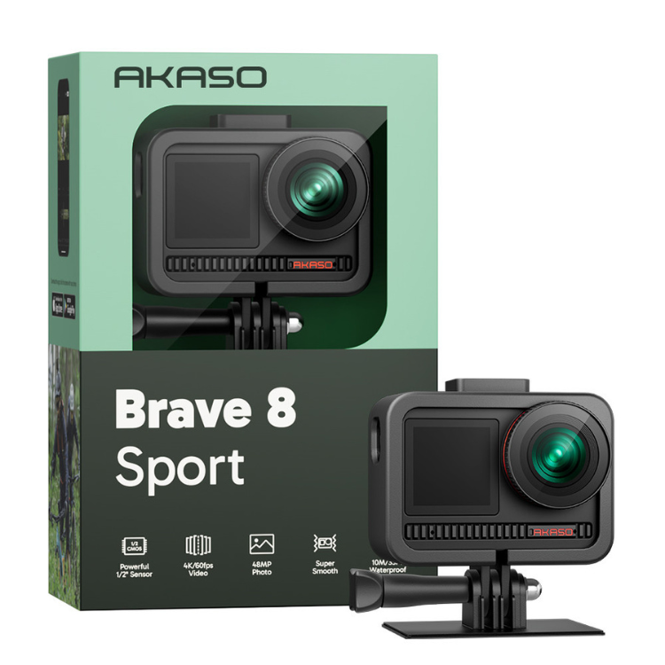 Akaso Brave 8 Sport action camera with kit, black, on a mount, and its packaging.