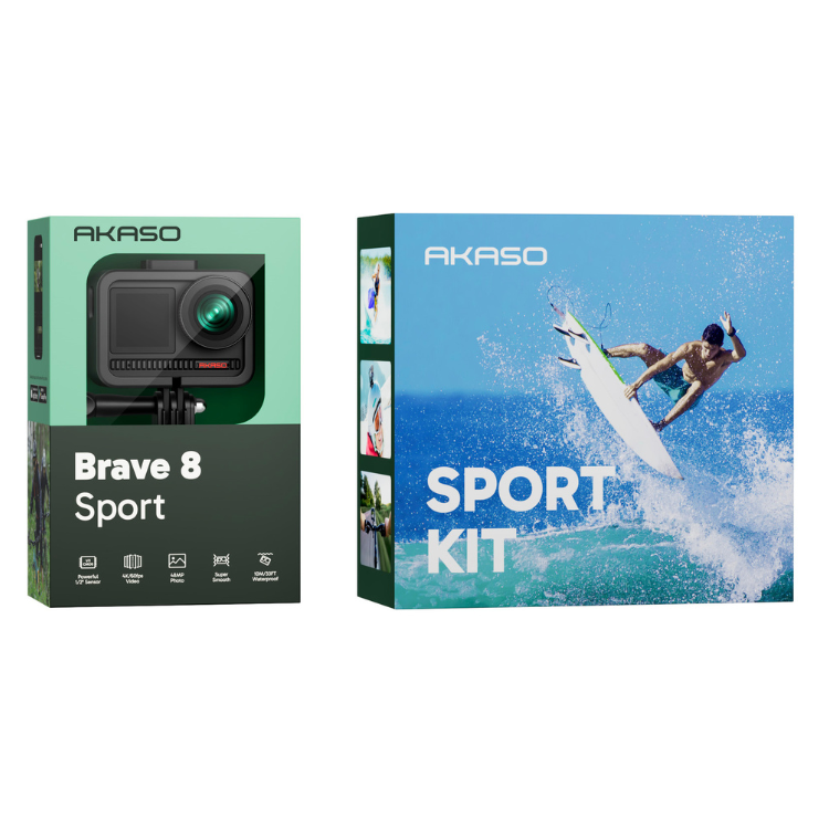 Akaso Brave 8 Sport action camera and sport kit boxes, black camera with green lens on green and dark green box, surfer on blue box.