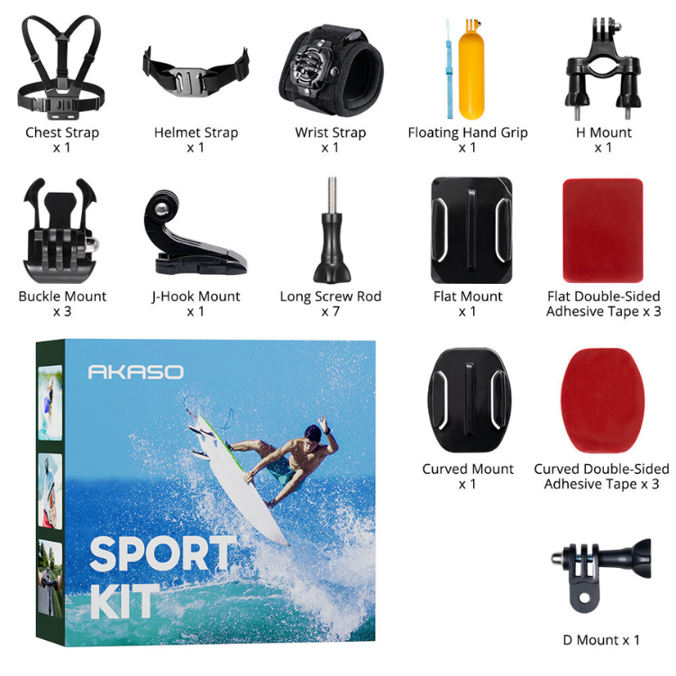 Akaso Brave 8 Sport Kit, action camera accessories including mounts and straps.