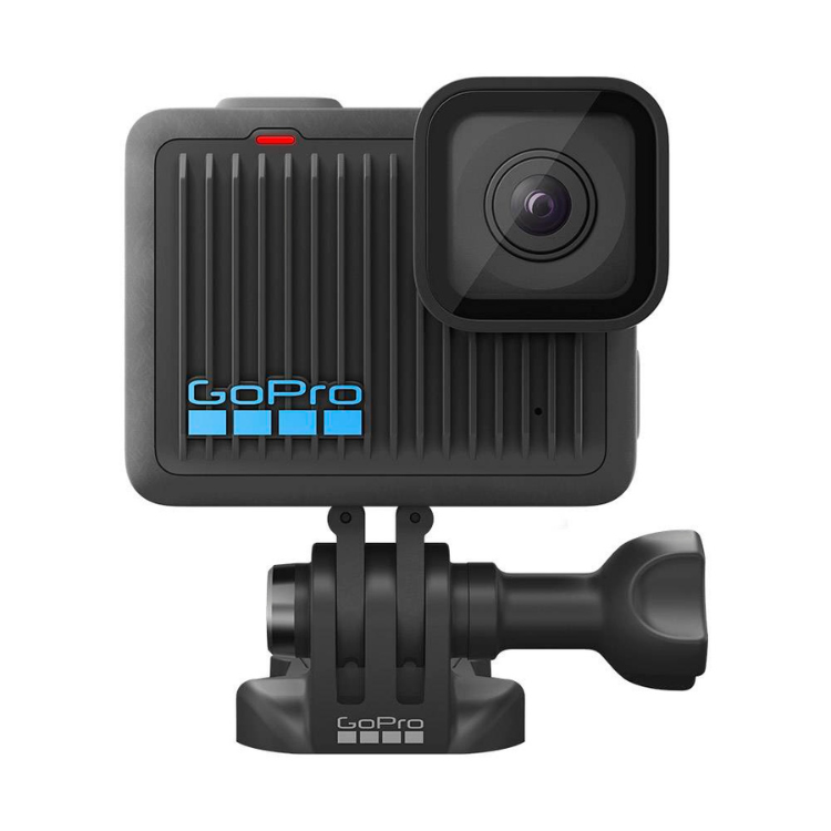 Black GoPro Hero action camera with blue logo and red light on top.