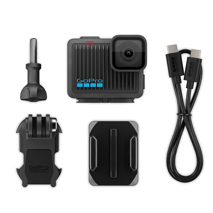 Black GoPro Hero action camera with accessories, including mounts and USB cable.
