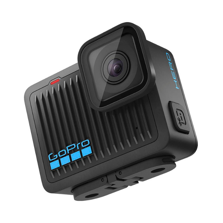 Black GoPro Hero action camera with blue logo and lens facing forward.