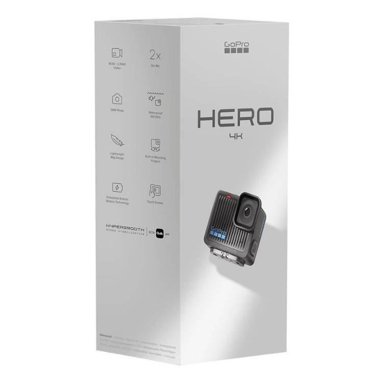 GoPro Hero 4K action camera in black, on packaging box