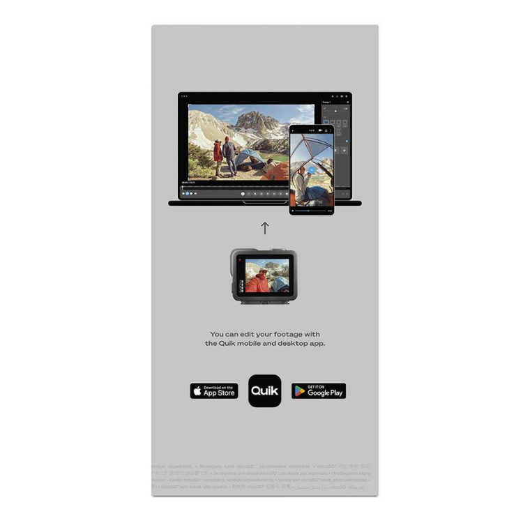 Black GoPro action camera, editing software on laptop and phone.
