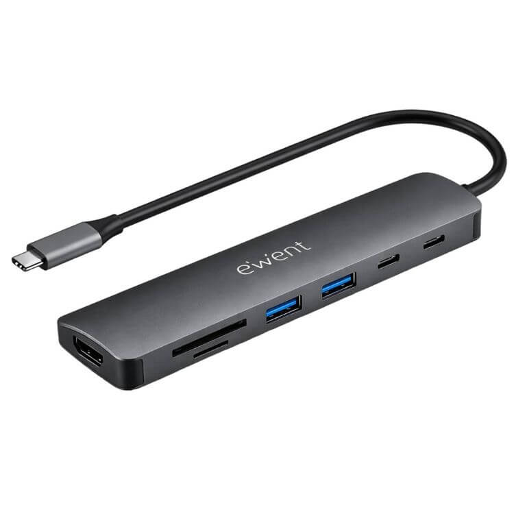 Adaptador Ewent EW1152 USB-C 7 em 1 (1x USB‑C + 2x USB 3.2 Gen1 + 1x HDMI 4K60 + SD/TF 2.0, 1x USB‑C PD 100W)