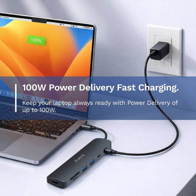 Adaptador Ewent EW1152 USB-C 7 em 1 (1x USB‑C + 2x USB 3.2 Gen1 + 1x HDMI 4K60 + SD/TF 2.0, 1x USB‑C PD 100W)