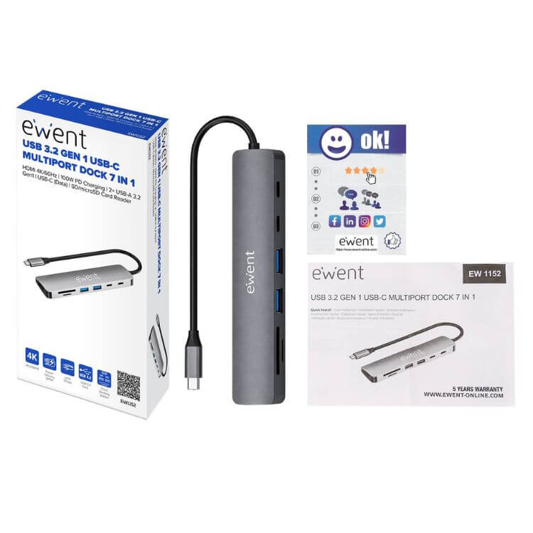 Adaptador Ewent EW1152 USB-C 7 em 1 (1x USB‑C + 2x USB 3.2 Gen1 + 1x HDMI 4K60 + SD/TF 2.0, 1x USB‑C PD 100W)