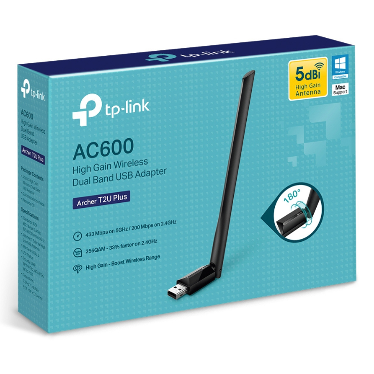 Adaptador USB TP-Link Archer AC600 Dual-Band T2U Plus 600 Mbps Wi-Fi Preto