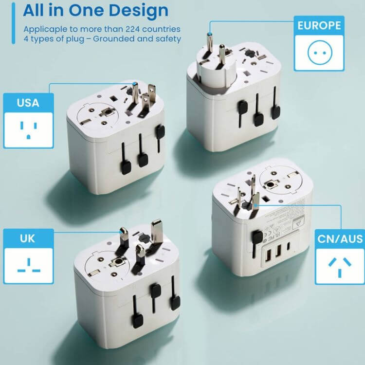Adaptador de Viagem Universal Ewent EW1475 EUA/UK/AUS/CN 2x USB + 1x USB-C