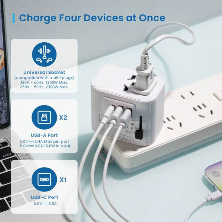 Adaptador de Viagem Universal Ewent EW1475 EUA/UK/AUS/CN 2x USB + 1x USB-C