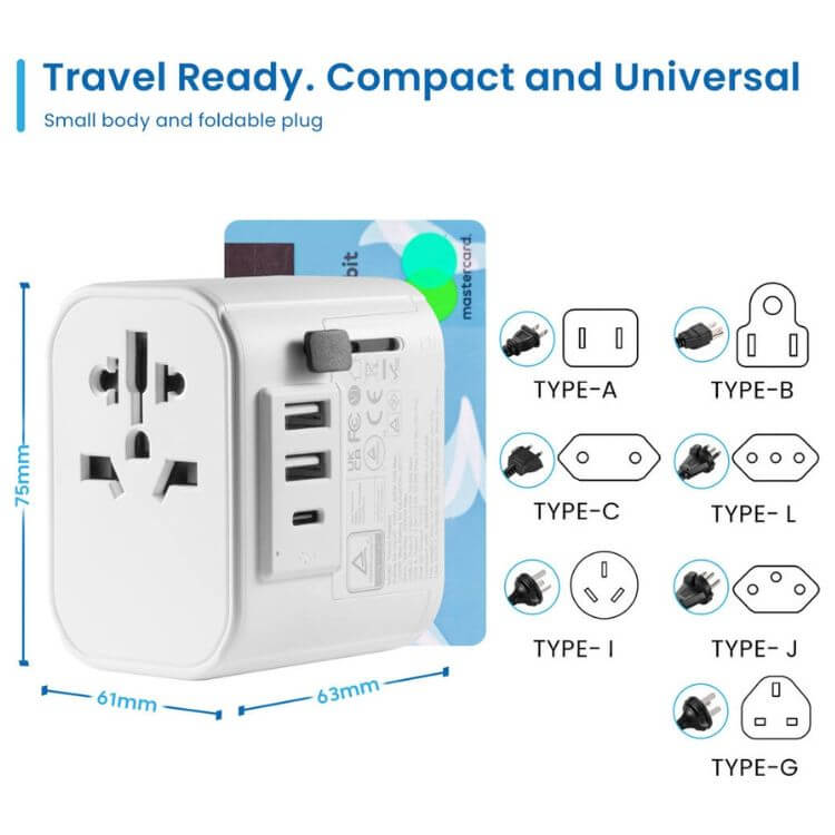 Adaptador de Viagem Universal Ewent EW1475 EUA/UK/AUS/CN 2x USB + 1x USB-C