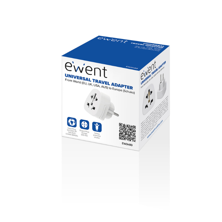 Adaptador de Viagem Ewent UK/USA/AUS para Europa Branco
