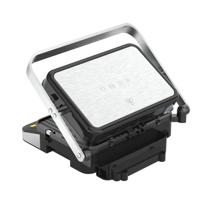 AENO EG5 electric grill, black, with silver handle and textured metal plate.