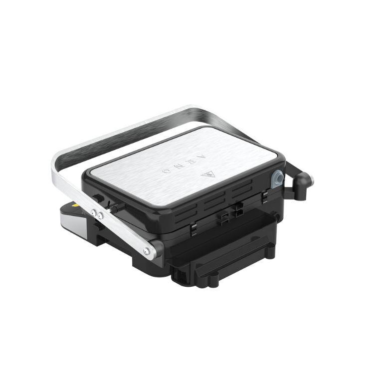 AENO EG5 electric grill, black, with silver handle and white grill plate.