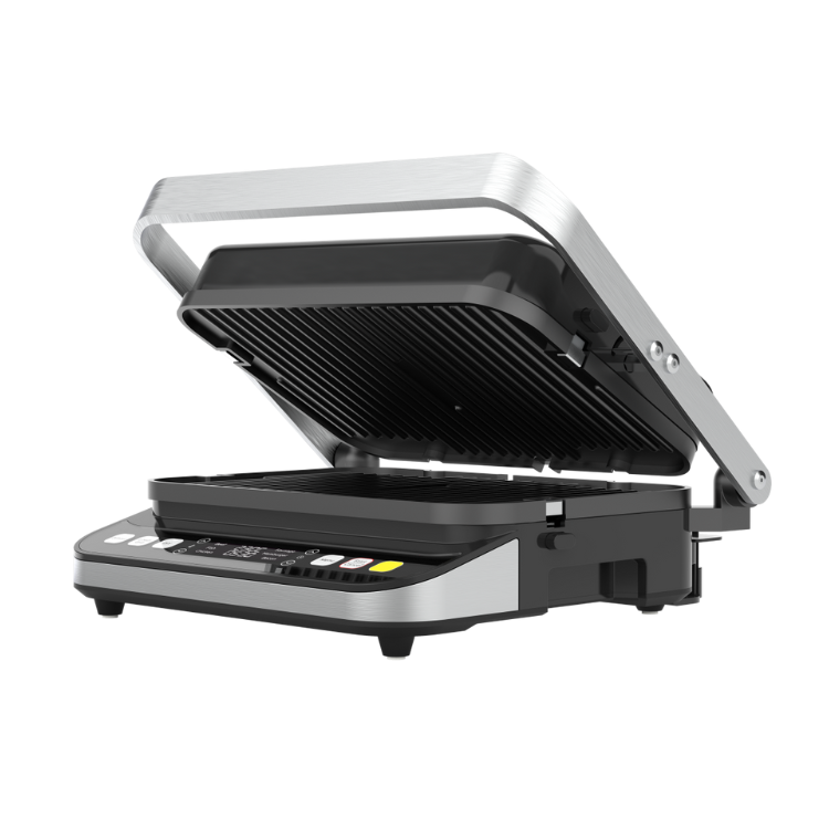 AENO EG5 electric grill, black and silver, open lid showing grill plates, control panel with buttons.