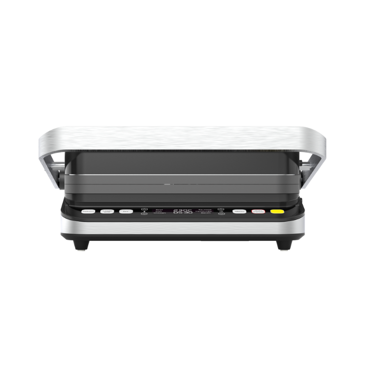 AENO EG5 electric grill, black and silver, digital display and control panel, open lid.
