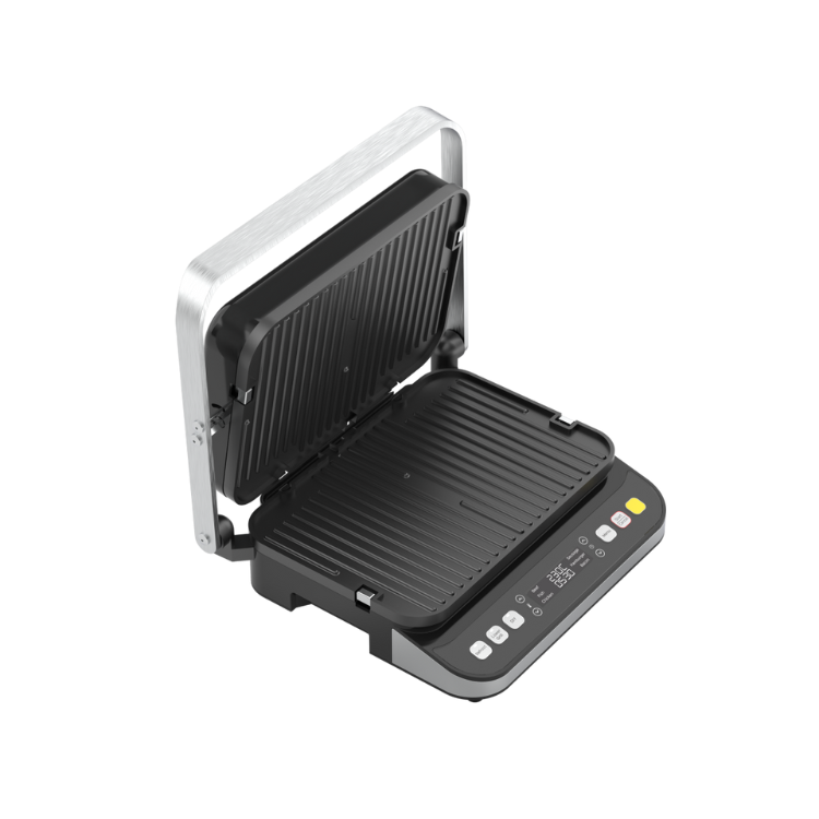 AENO EG5 electric grill, black, 2000W, open with control panel visible.