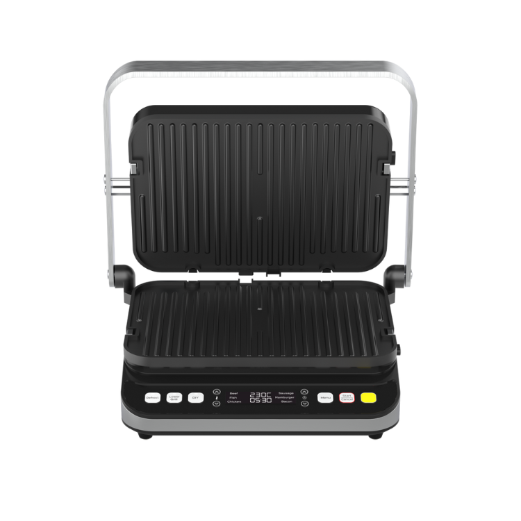 Black AENO electric grill, open, with digital display and control panel.