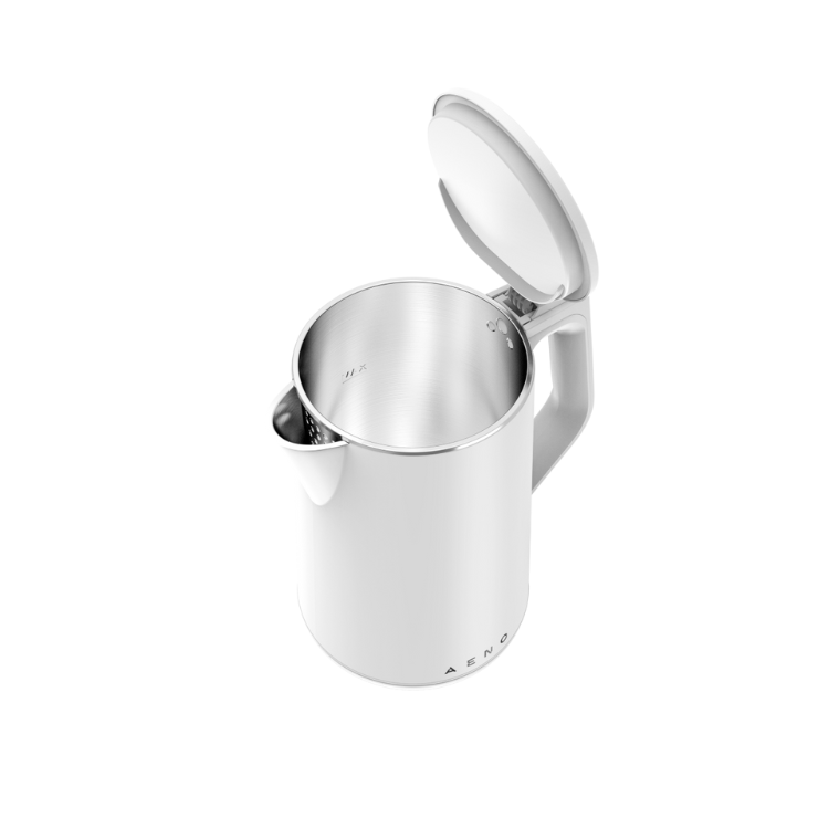 Aeno EK2 1.5L electric kettle, white, open lid showing stainless steel interior.
