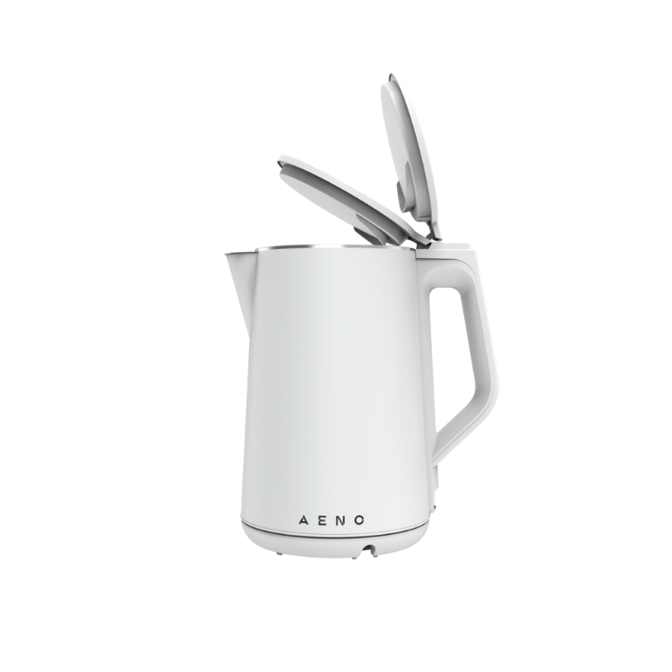 White AENO electric kettle, 1.5L, 2200W, lid open.