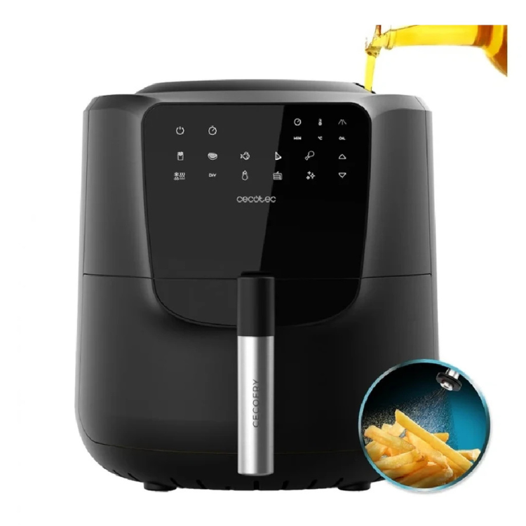 Black Cecotec air fryer with digital display and 5.5L capacity.