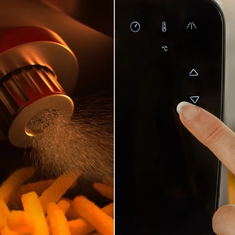 Black Cecotec air fryer control panel with finger pressing buttons, oil spray on fries.
